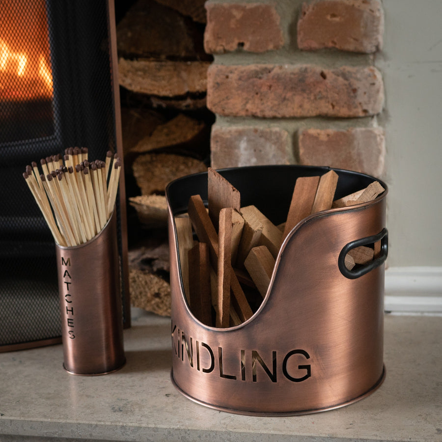 Copper Finish Logs and Kindling Buckets & Matchstick Holder