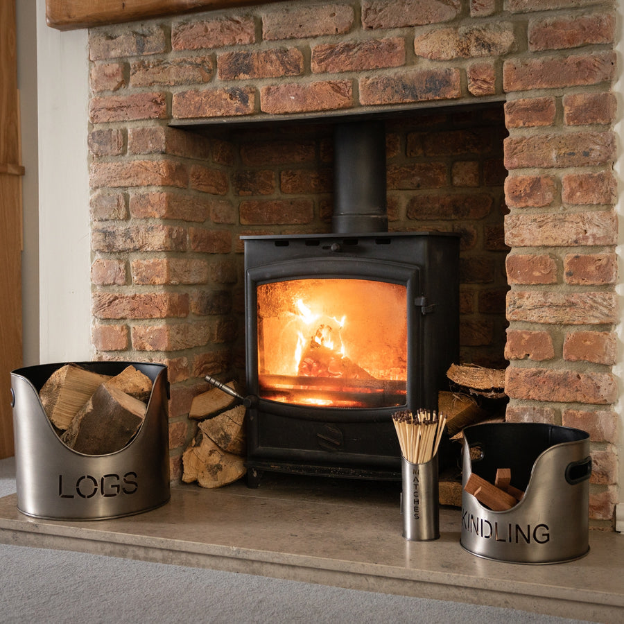 Pewter Finish Logs and Kindling Buckets & Matchstick Holder