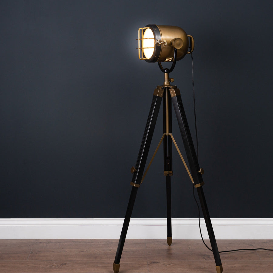 Brass and Black Industrial Spotlight Tripod Lamp