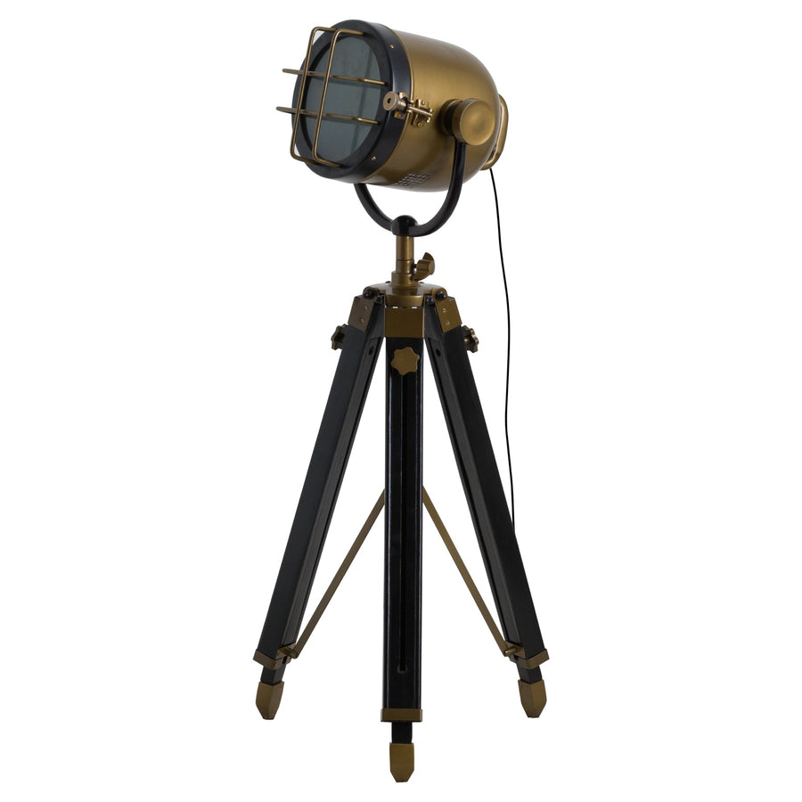 Brass and Black Industrial Spotlight Tripod Lamp